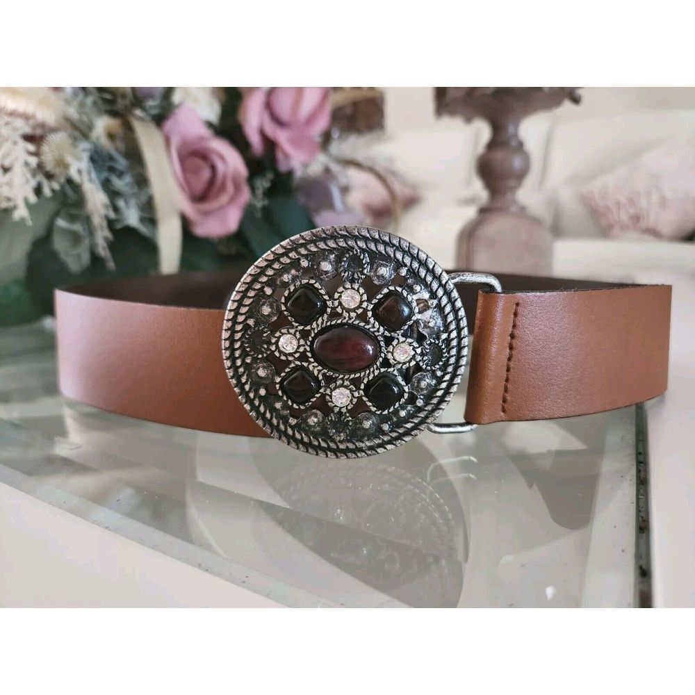 Olsen Women's Belt 100% Leather Tan Color With Floral Medallion Buckle Size‎ 6